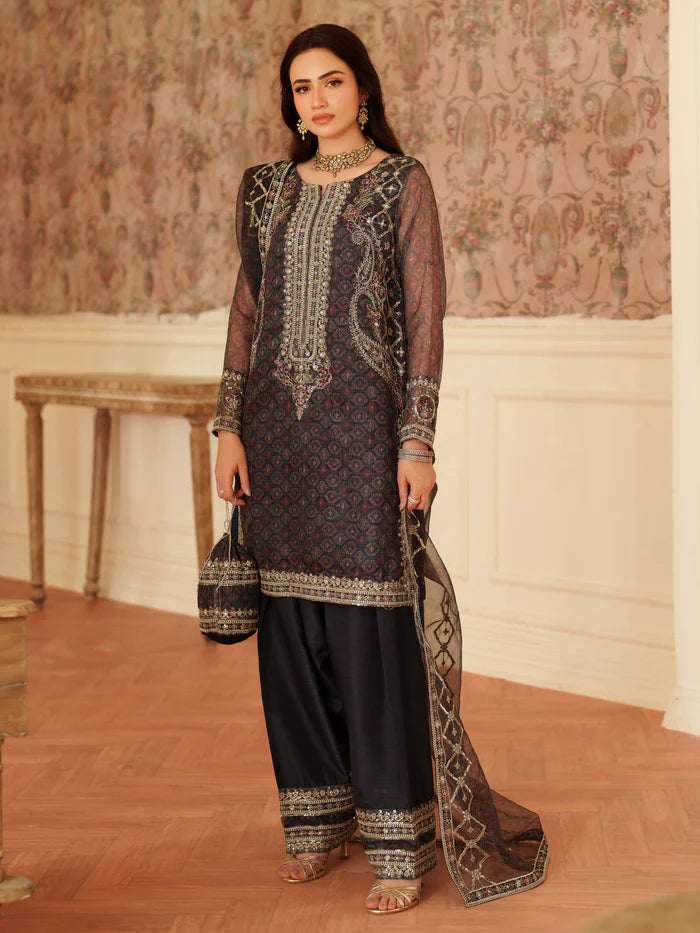 Luxury Embroidered Chiffon Suit – Black & Gold Festive Collection