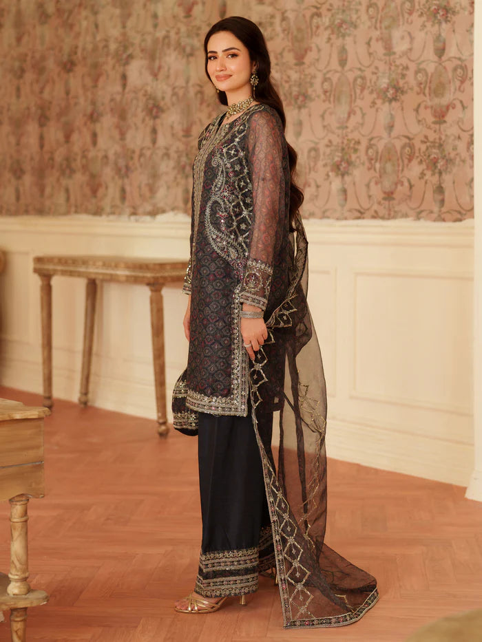 Luxury Embroidered Chiffon Suit – Black & Gold Festive Collection