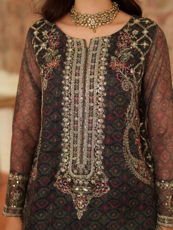 Luxury Embroidered Chiffon Suit – Black & Gold Festive Collection