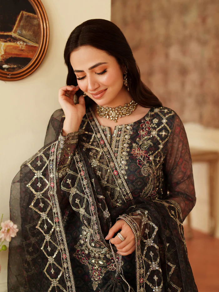 Luxury Embroidered Chiffon Suit – Black & Gold Festive Collection