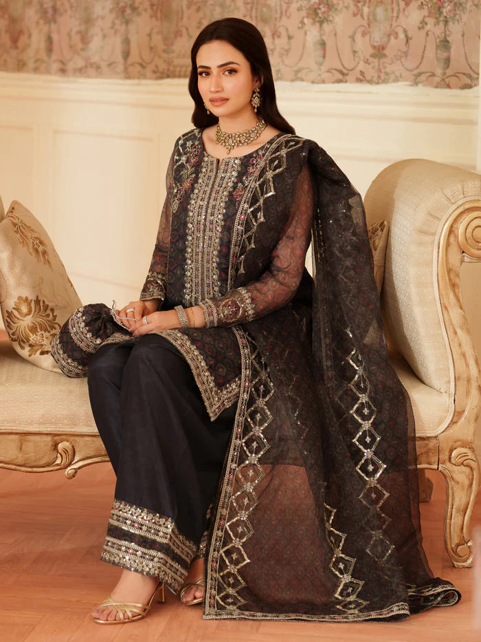 Luxury Embroidered Chiffon Suit – Black & Gold Festive Collection