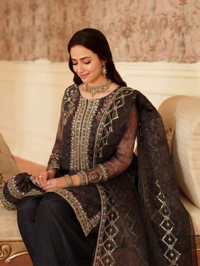 Luxury Embroidered Chiffon Suit – Black & Gold Festive Collection